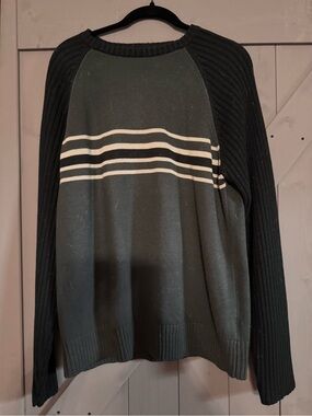 Men’s Olive Green Crewneck Sweater with Black Sleeves and White Stripes
